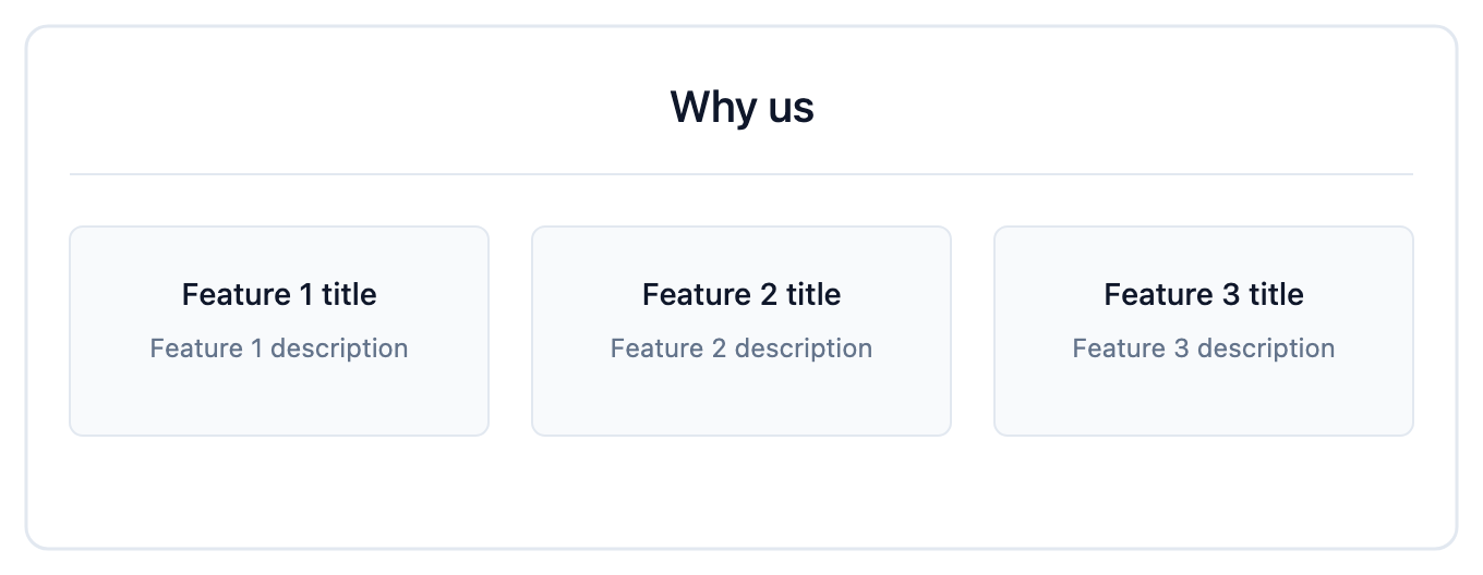 Rendered Why us heading above three feature cards side by side, each with a title and description