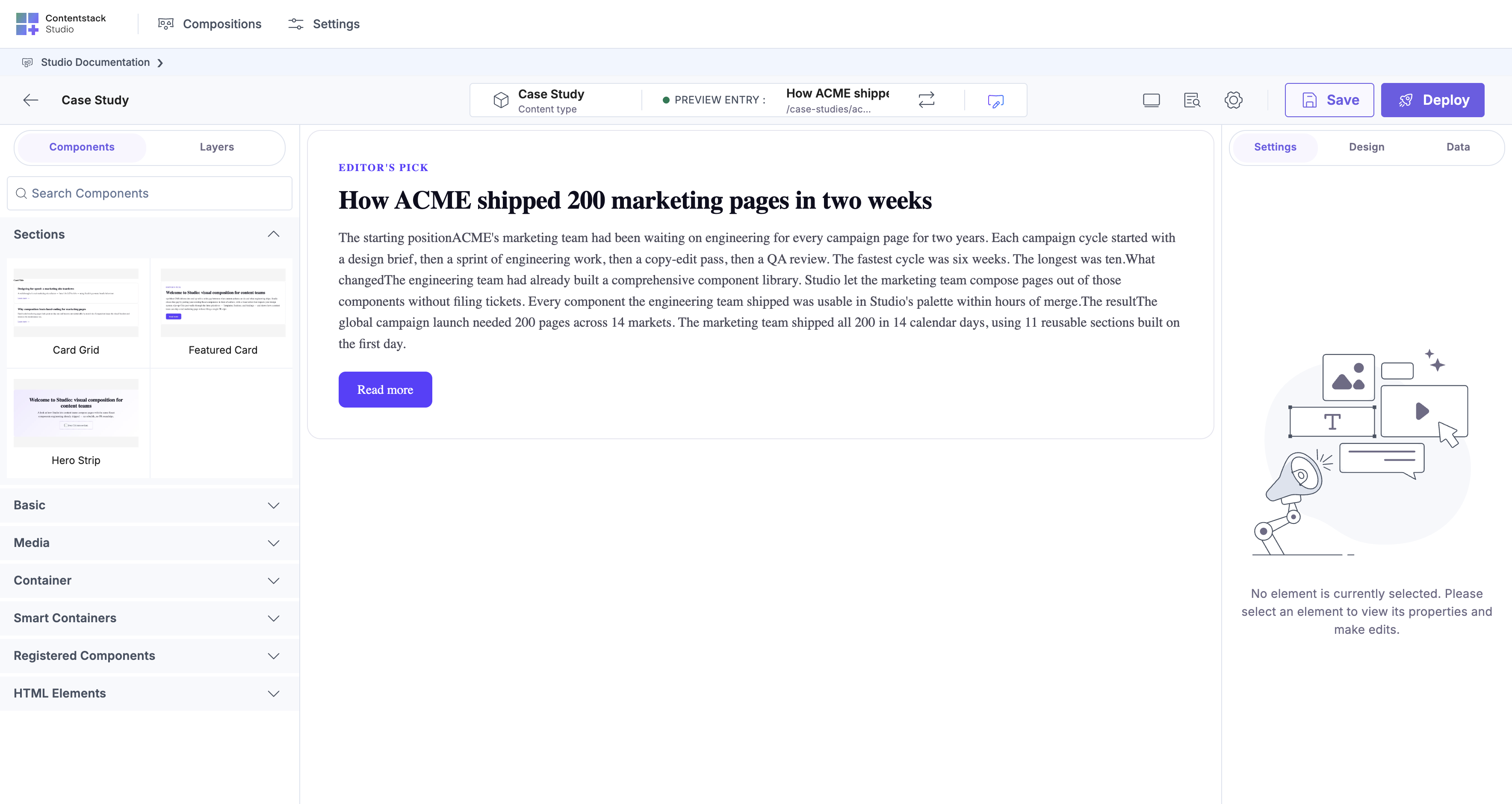 Case Study template canvas: preview entry “How ACME shipped 200 marketing pages in two weeks”, URL pattern /case-studies/acme-200-pages. Featured Card section auto-bound to entry.headline + entry.body + entry.cta with Editor’s Pick eyebrow.