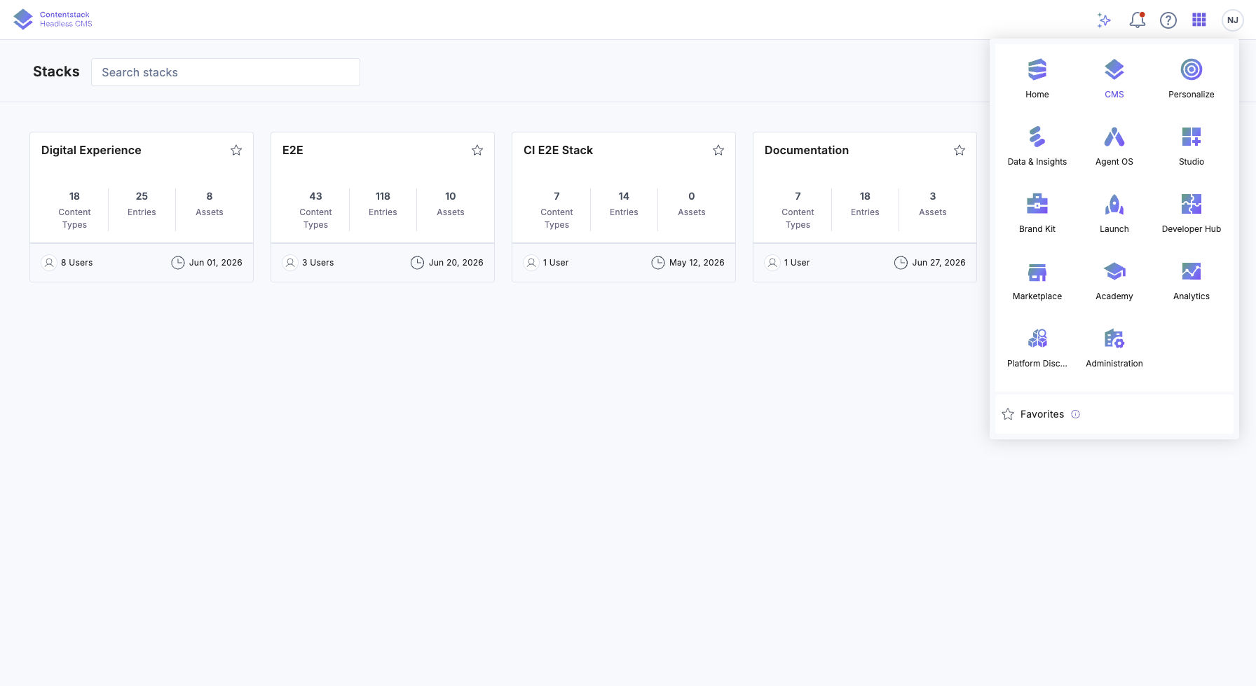 Contentstack app-switcher menu open on the Stacks page, showing Studio as one of the available product tiles alongside Home, CMS, Personalize, Data &amp; Insights, Agent OS, Brand Kit, Launch and others. Studio’s presence in this menu is the visual confirmation that it is enabled for your organization.