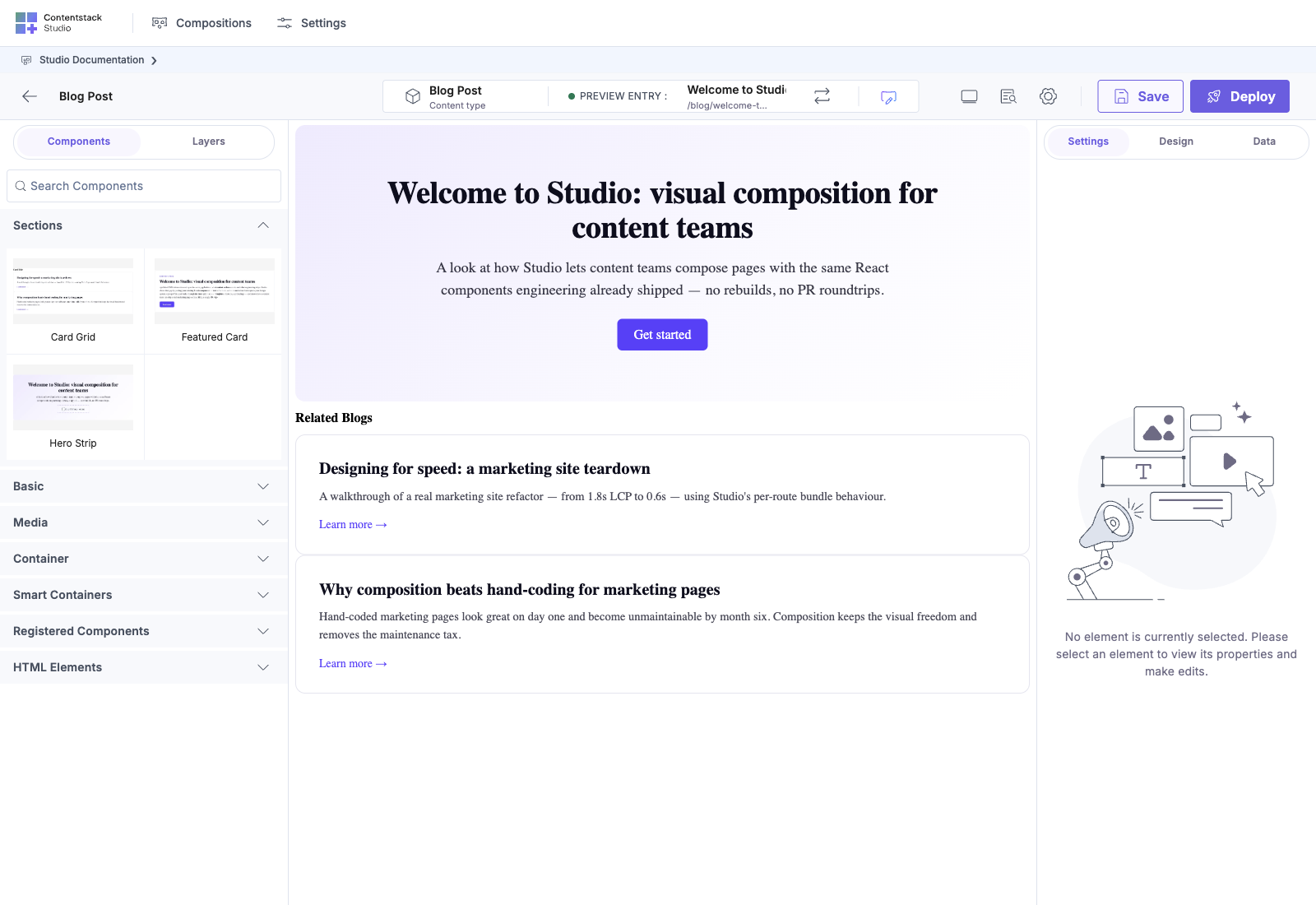 Connected landing_page template canvas with card_grid filled by product_card, slots resolved to real entry data