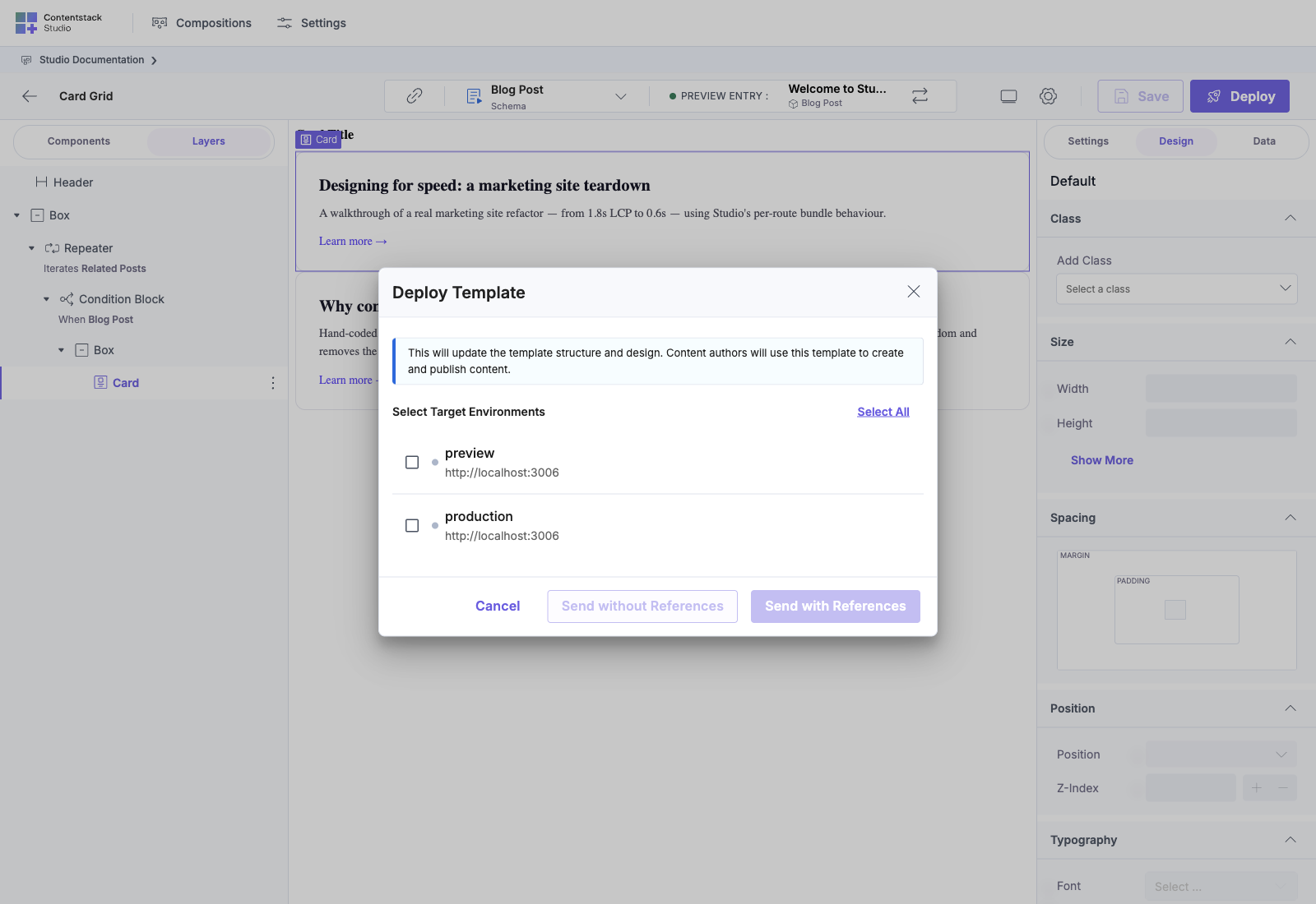 Deploy modal: target environments and Send with / without References buttons