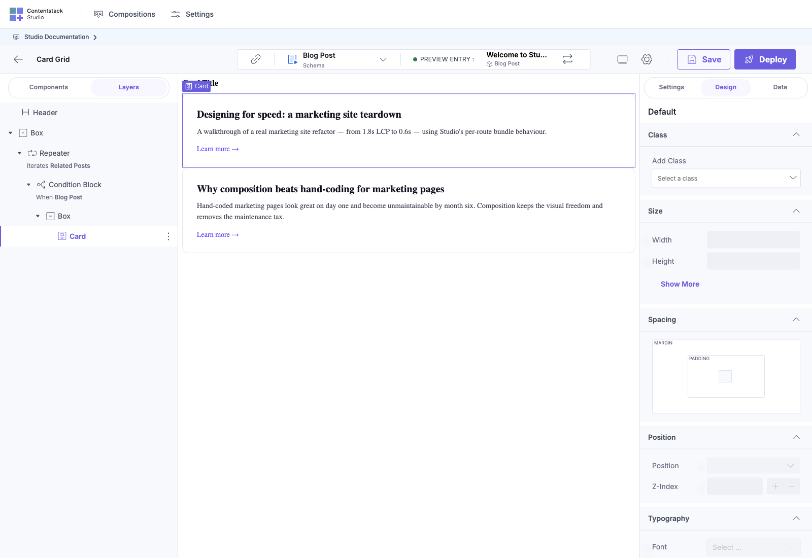 Design tab open with a Card component selected. Sections visible: Class (Add Class dropdown), Size (Width / Height with Show More), Spacing (visual margin + padding box editor), Position (Position + Z-Index), Typography (Font dropdown).