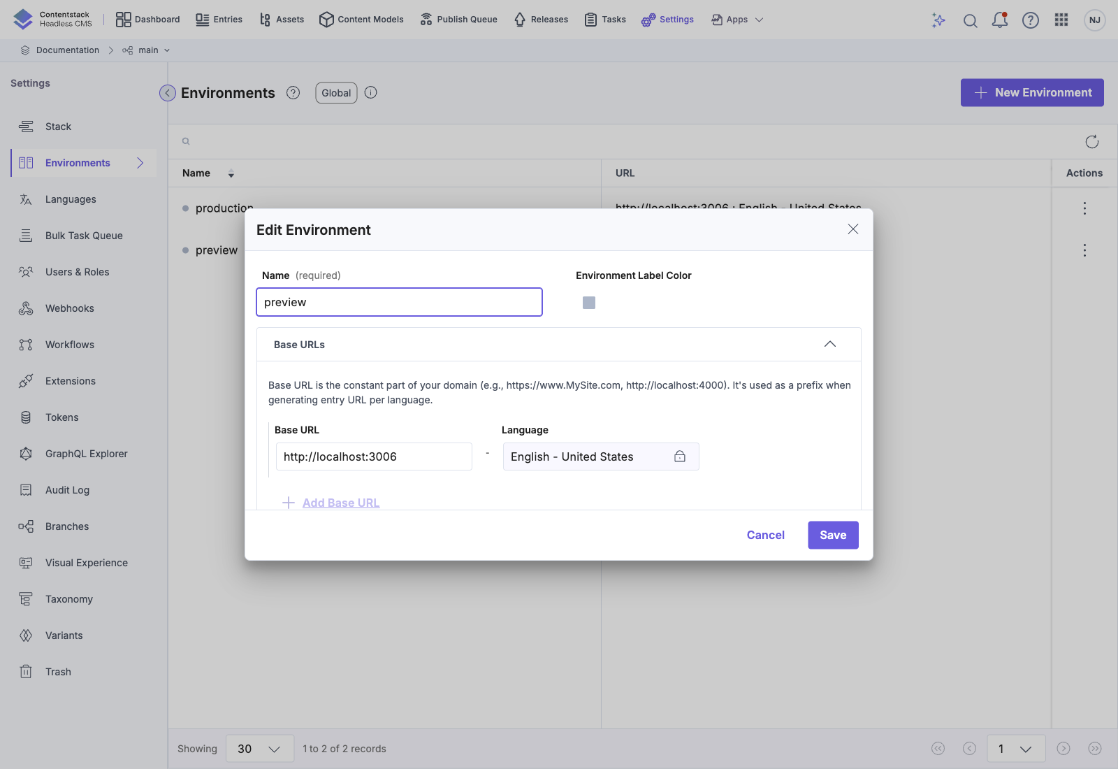 Environment edit modal: base URLs per locale
