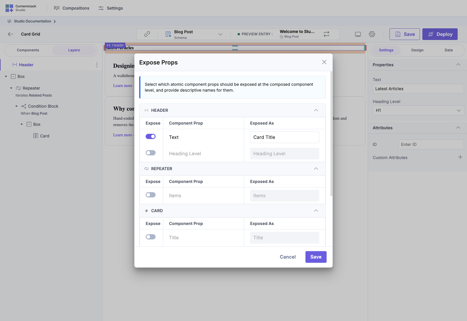 Expose Props modal grouped by component type