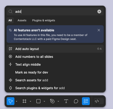 Figma frame with Auto Layout applied, the right panel shows the Auto Layout properties (direction, spacing, padding) and the layers panel shows the frame icon with the Auto Layout indicator.