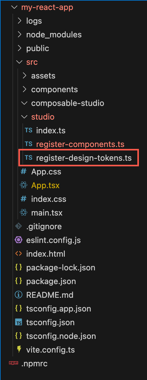 Terminal showing csdx studio:design-token:add generating the register-design-tokens.ts file, interactive prompts ask whether to include Studio's default tokens, what access level (dynamic / tokens / arbitrary) to grant authors, and the output path.
