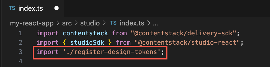 Import statement added to main.tsx (or equivalent app entry) so the generated register-design-tokens.ts runs at startup, registering the tokens before Studio components mount.