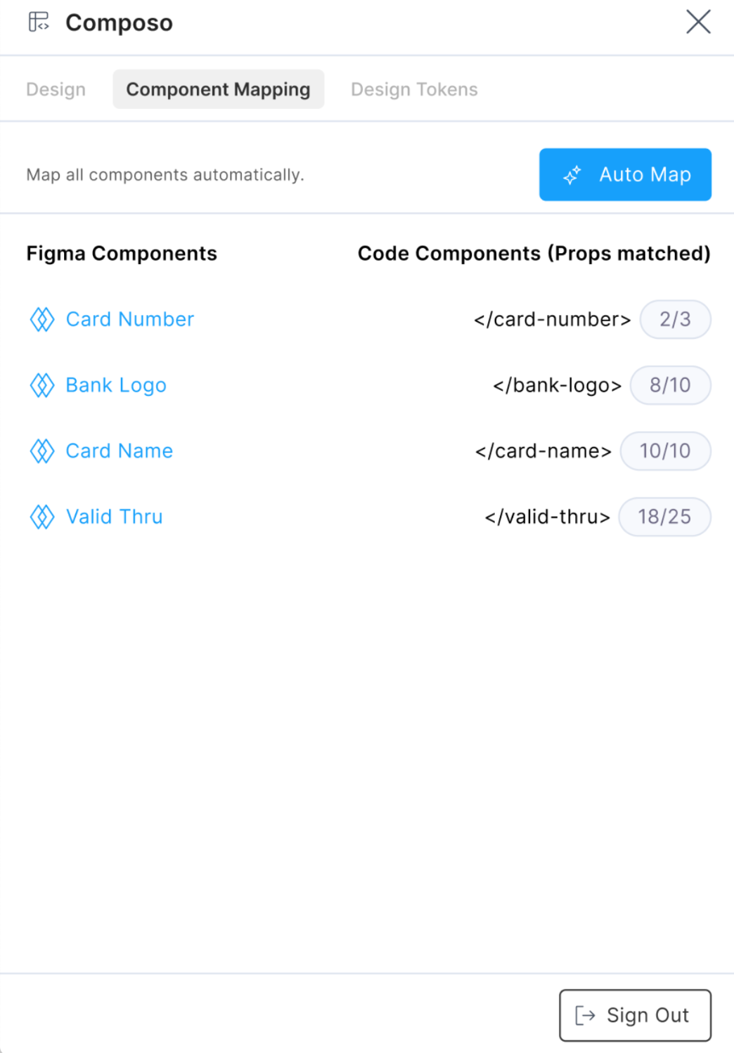 Auto Map panel in the Studio Figma plugin showing layer-to-component mapping
