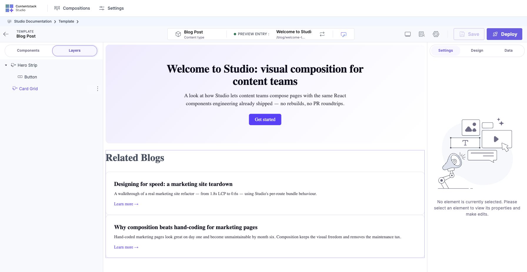 Blog Post Template Layers panel: the composition tree with Hero Strip and Card Grid Sections dropped in order on the Template.