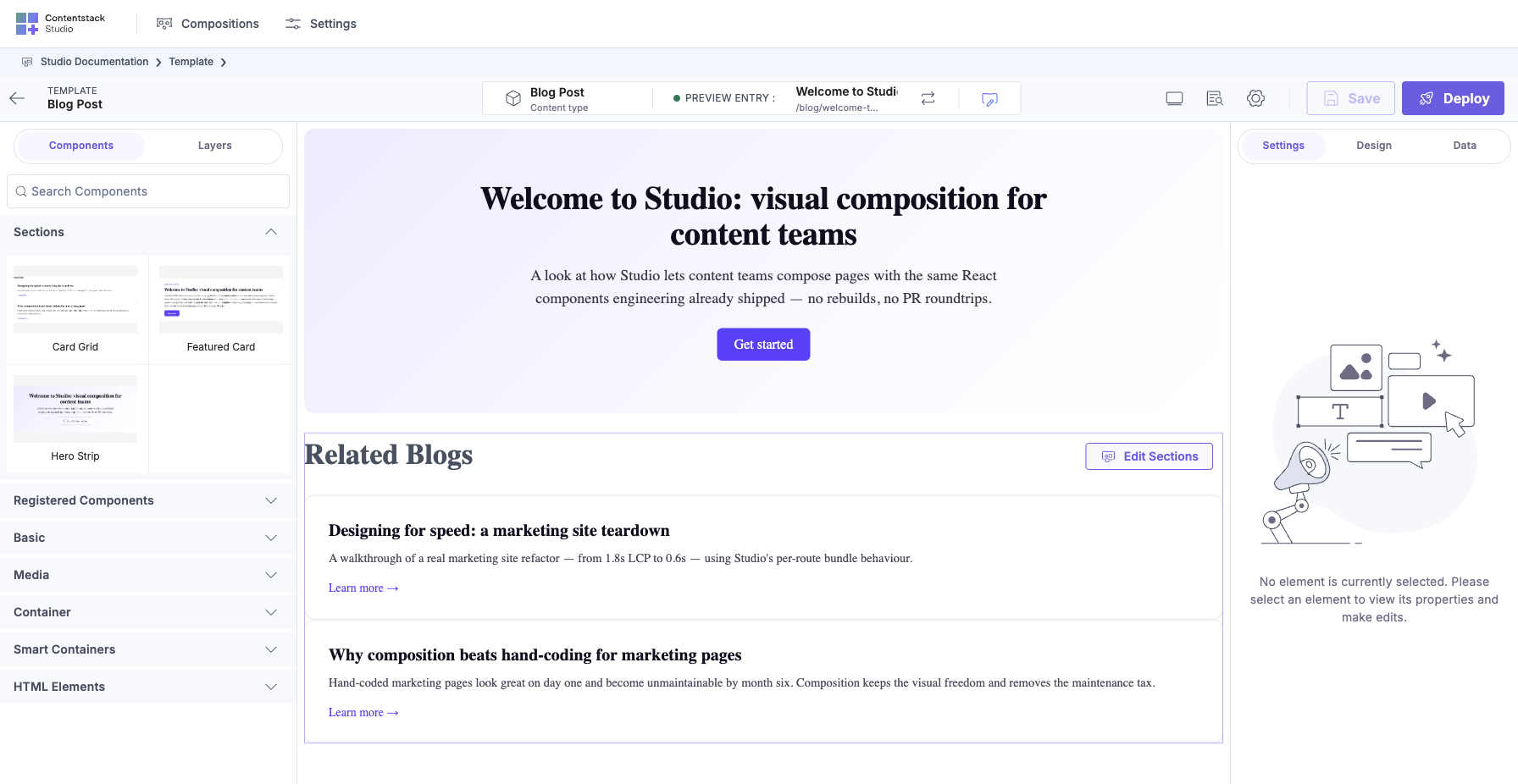 Blog Post Connected Template open in the Studio canvas: the template is bound to the `blog_post` content type and its section composition has been dropped in order, ready to render every entry that matches the URL pattern.