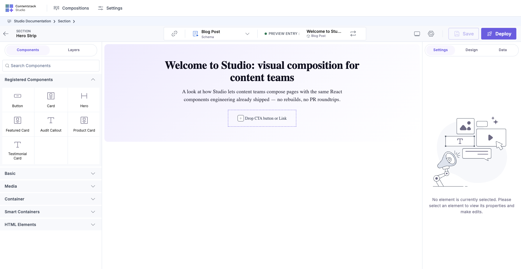 Studio composition canvas with the left Components palette open. Sections category expanded with the registered Hero Strip and Card Grid section tiles visible. On the right, the canvas placeholder waits for a component to be dropped.