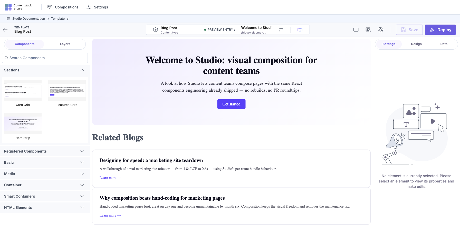 Blog Post Template canvas in Studio: Hero Section dropped at top (rendering “Welcome to Studio” with a Get started CTA), Card Grid Section below (rendering two Related Blogs items). Left palette shows Sections category expanded with tiles you can drag onto the canvas.