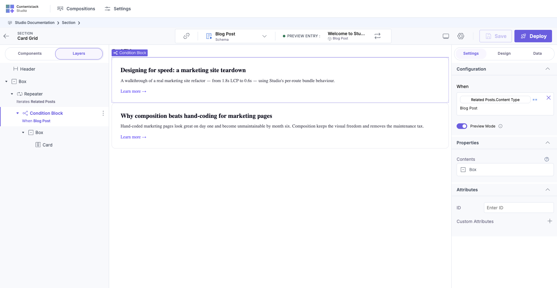 Card Grid Section canvas with a Condition Block selected in Layers (“When Blog Post” is the current condition). The right panel Configuration shows the When rule: “Related Posts.Content Type == Blog Post”, the discriminator matching a specific target CT for this iteration branch. Preview Mode is ON.