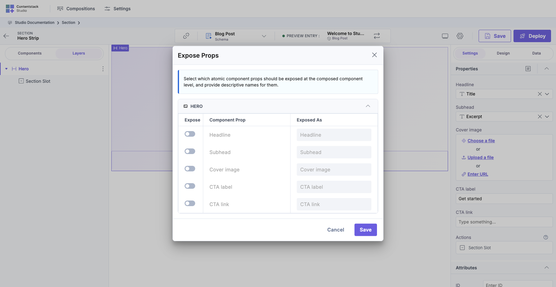 Expose Props modal open. Heading “Expose Props”, explanation “Select which atomic component props should be exposed at the composed component level, and provide descriptive names for them”. Below, a HERO section header, three columns (Expose toggle / Component Prop / Exposed As), and rows for Headline, Subhead, Cover image, CTA label, CTA link. Each row has a toggle to expose it and an input to rename what Template authors see.