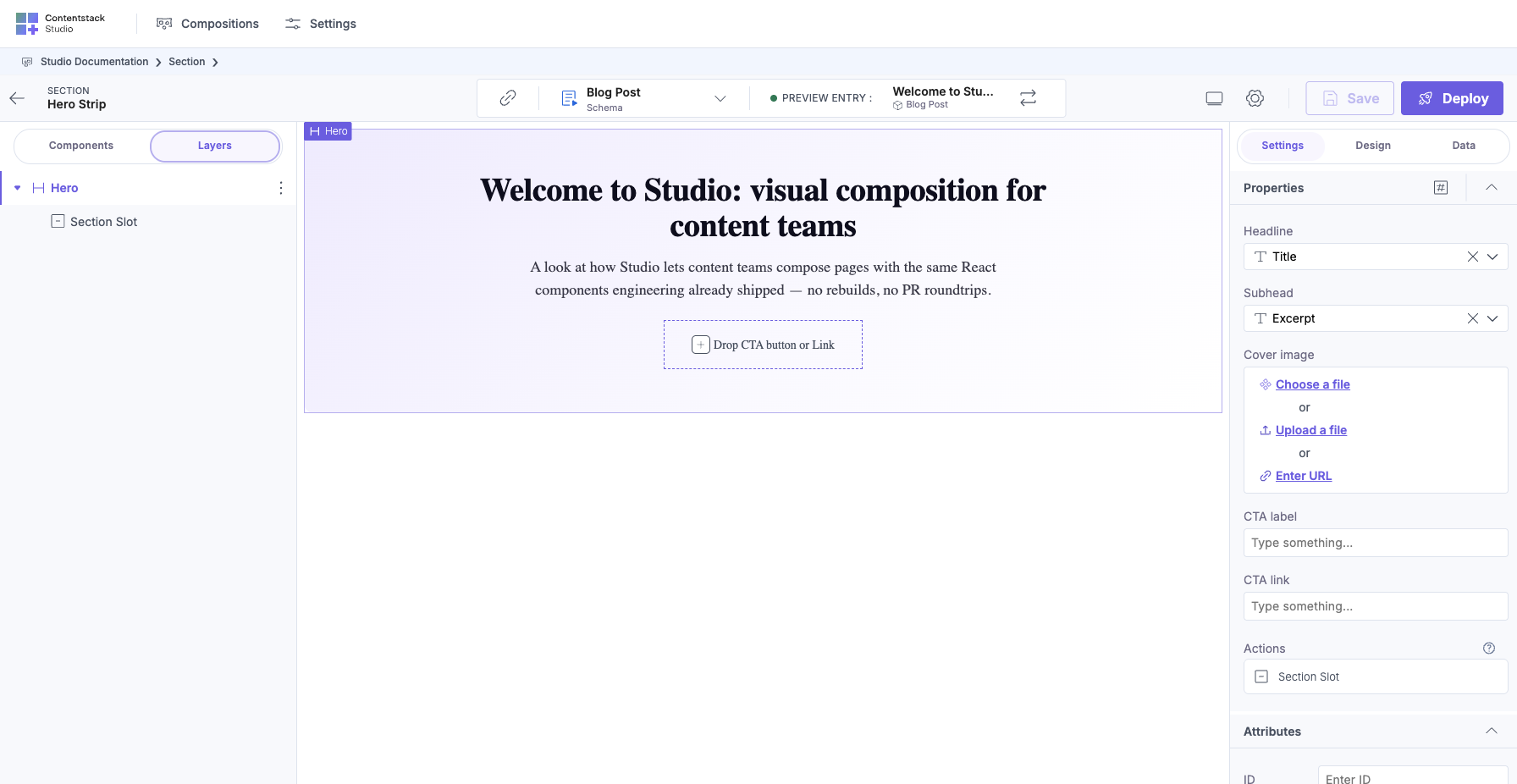 Hero component selected on the canvas. Right panel shows Properties: Headline binding (Title), Subhead binding (Excerpt), Cover image, CTA label, CTA link. Only the values your engineering team exposed appear as editable fields. Everything else stays locked.