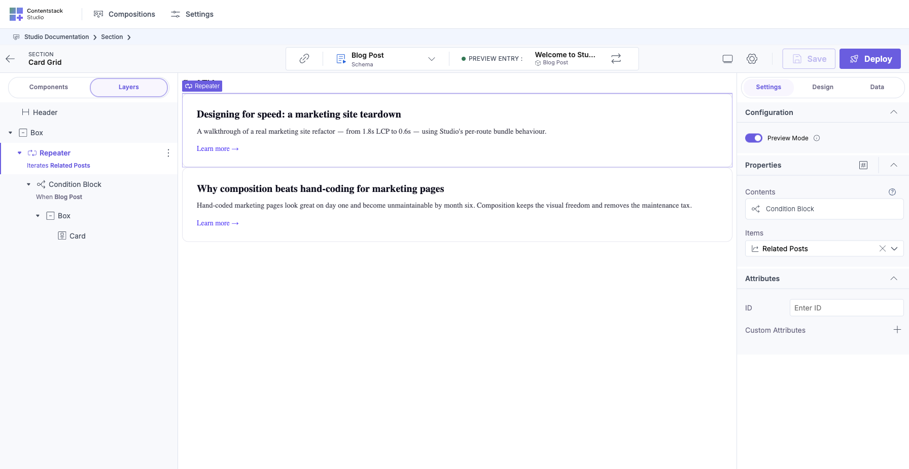 Card Grid Section canvas with the Repeater selected in the Layers tab (highlighted as “Repeater: Iterates Related Posts”). The right panel shows Configuration with the Preview Mode toggle ON, and Properties with Contents: Condition Block, Items: Related Posts. The canvas iterates two real items from the connected Blog Post entry’s Related Posts.