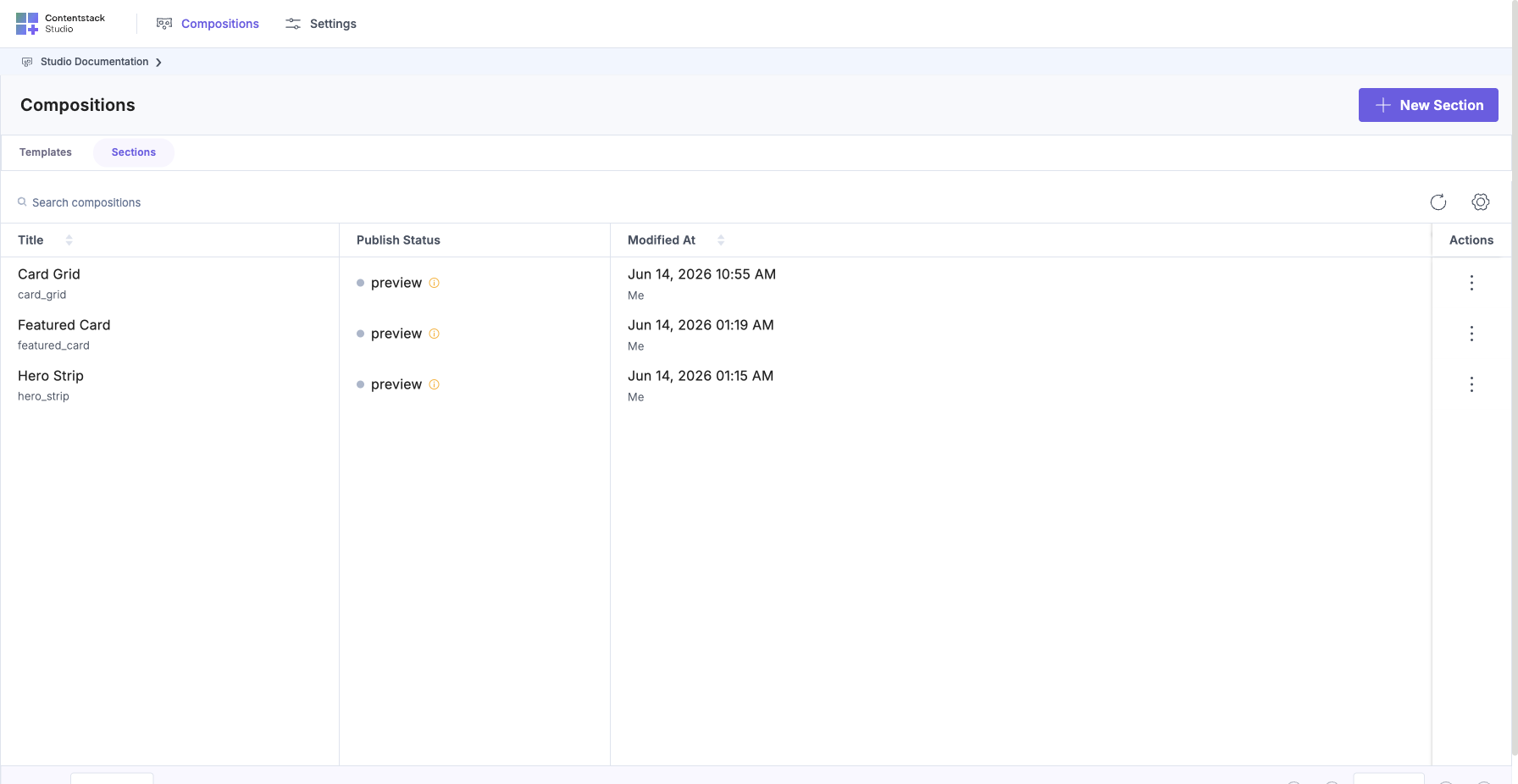Studio Compositions page: Sections tab active in the top bar. The “+ New Section” button visible in the top right. Three existing sections listed in the table (Card Grid, Featured Card, Hero Strip).