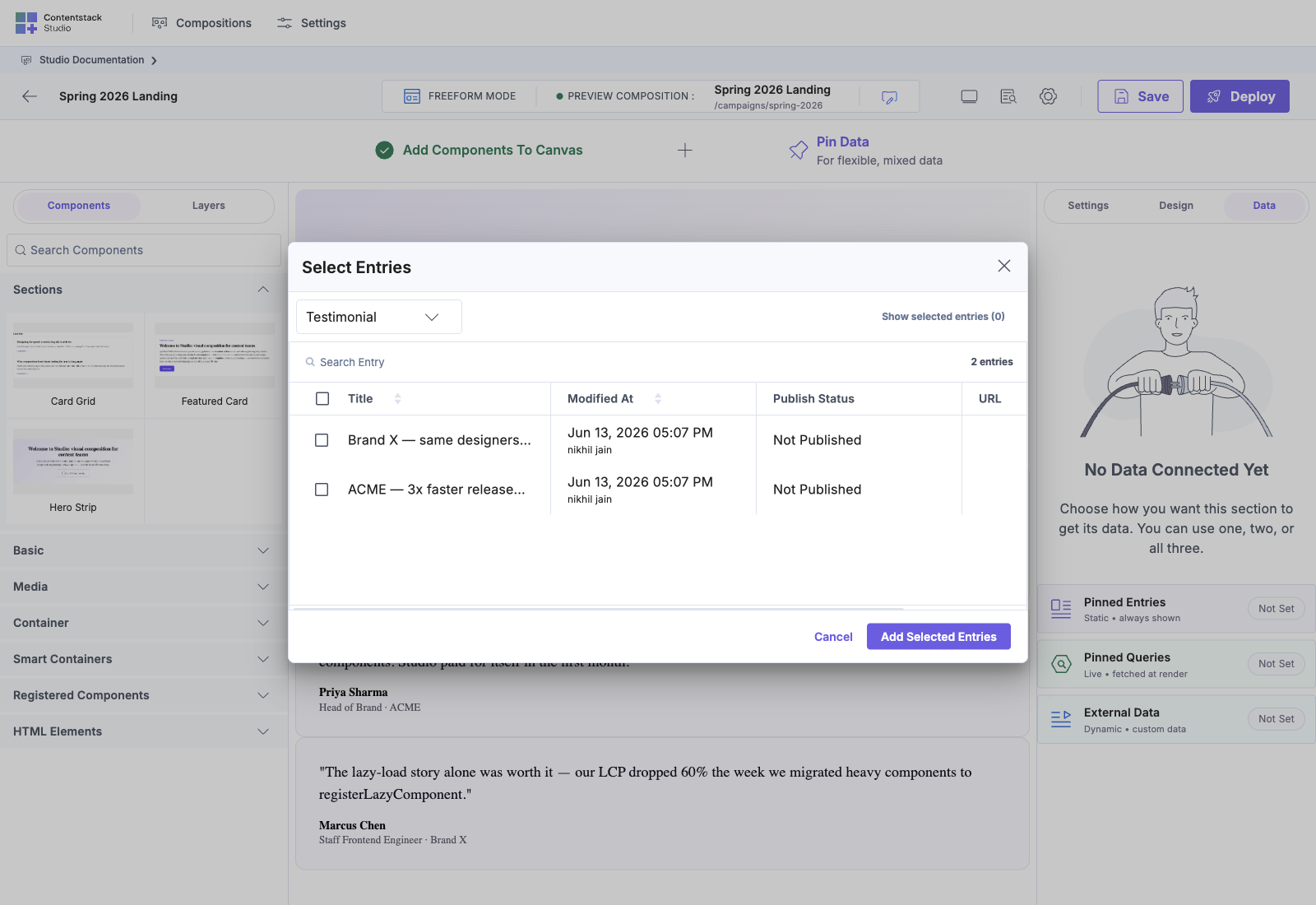 Pinned Entries selection modal, content type filter at the top (here “Testimonial”), columns for Title / Modified At / Publish Status / URL, multi-select checkboxes, Cancel / Add Selected Entries actions at the bottom