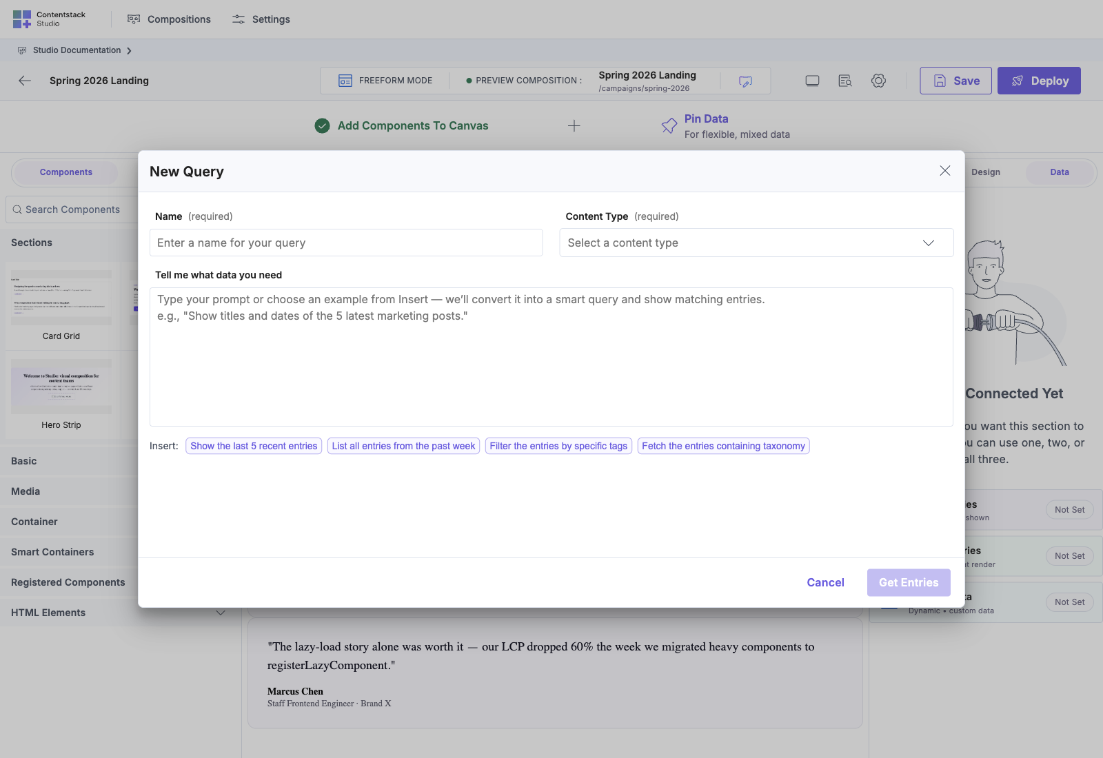 New Query modal: Name + Content Type required fields at the top, large text-prompt area in the middle (with examples), Insert quick-prompts row at the bottom.