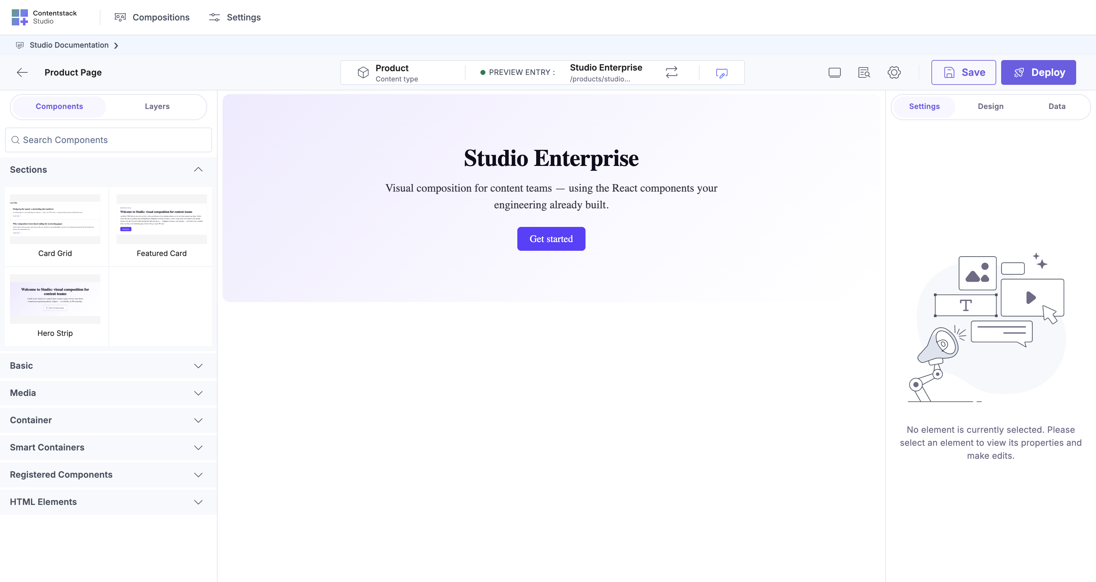 Product Page template canvas: preview entry “Studio Enterprise”, URL pattern /products/studio..., Hero Strip section auto-bound to entry.title + entry.description with a “Get started” Button in the CTA slot.