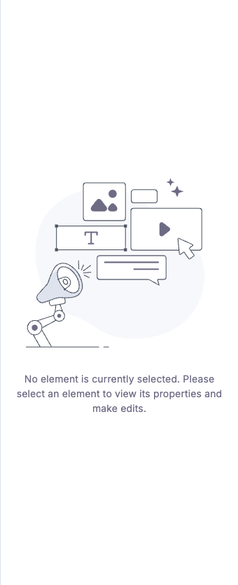 Studio canvas right panel with no tab strip: only the empty-state illustration and the message “No element is currently selected.” With Freeform disabled, the Data tab is removed entirely. Per-component data pinning, external-data binding and pinned-query authoring surfaces all disappear from the canvas.