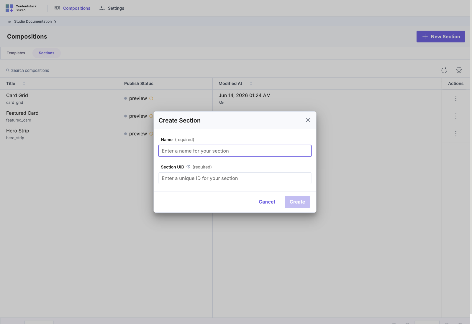 Section creation modal with Link Schema set to the shared Global Field gf_featured_card — this is what anchors the section to a shape rather than a specific content type