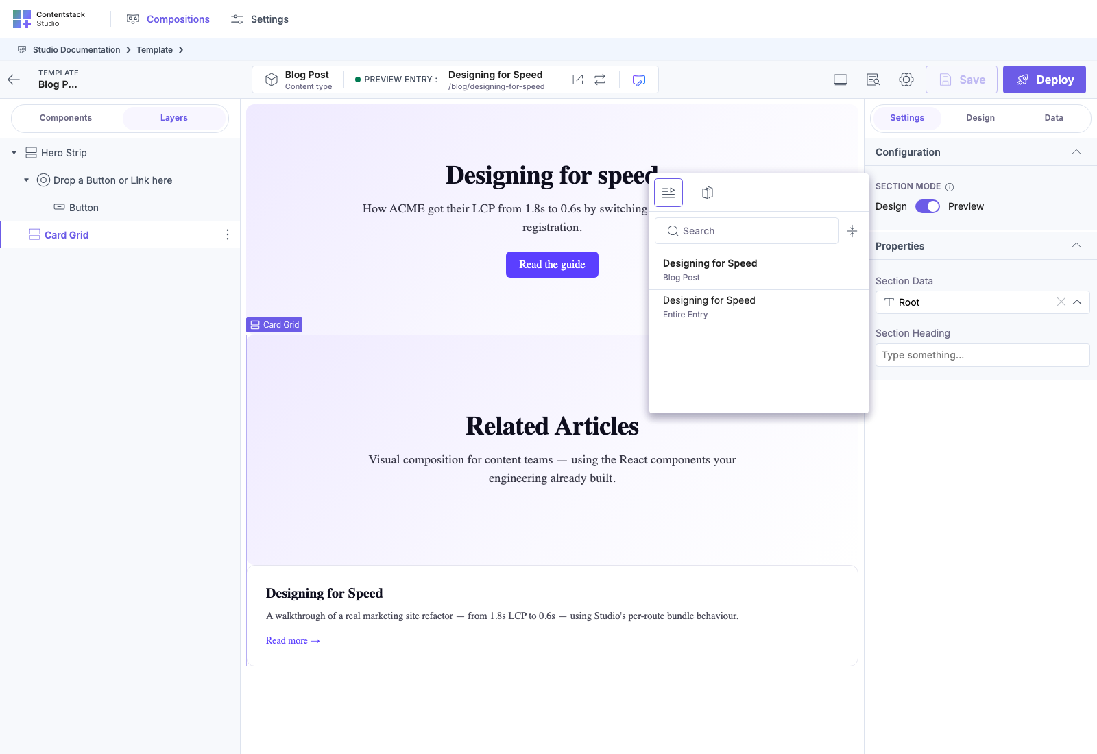 Section Data picker open on the same placement — a shortlist. This Section declares a whole content type, so only a whole document can root it: under the entry’s header sits the selectable **Entire Entry** row, and the entry’s own fields are absent rather than grayed.