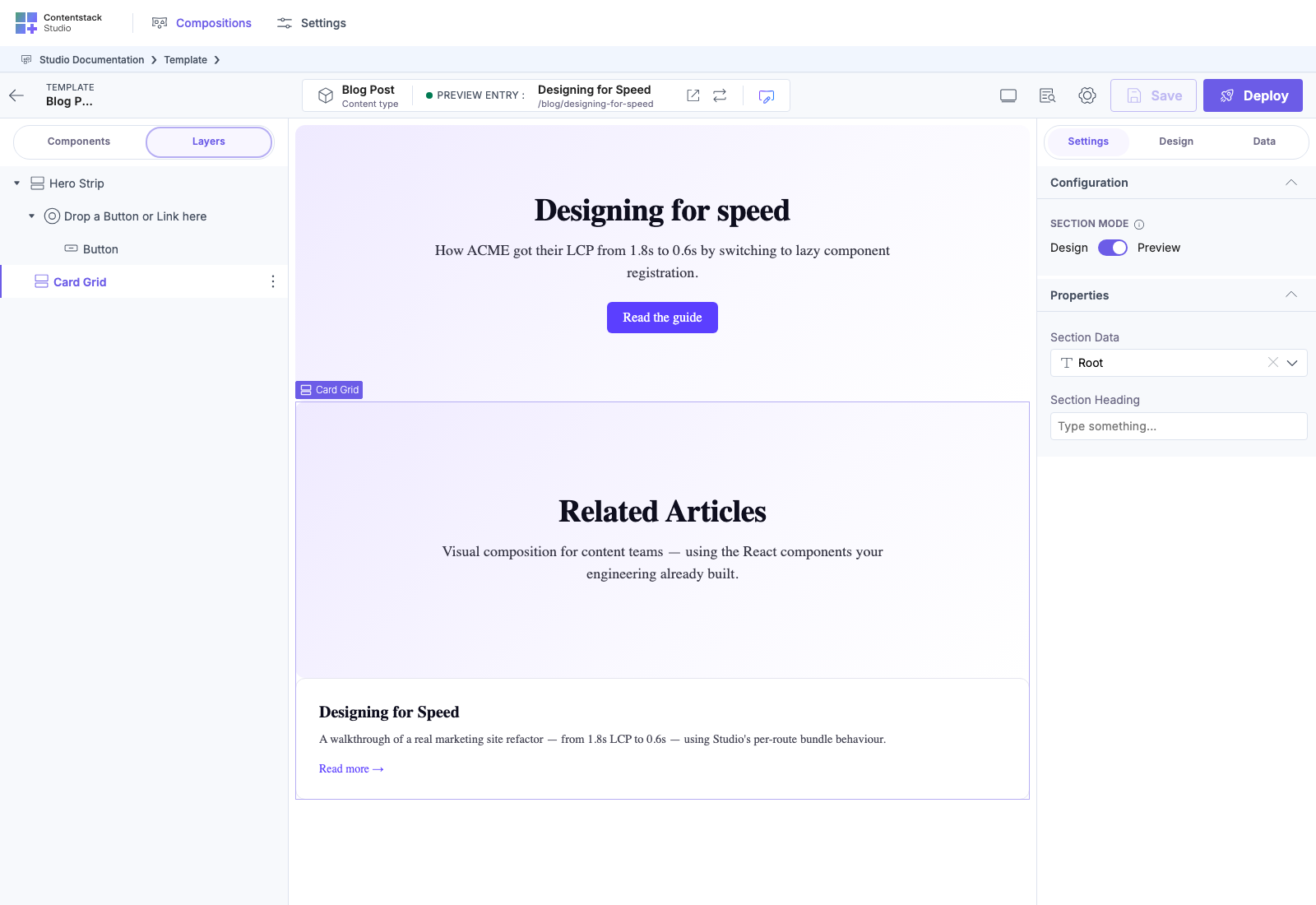 Card Grid Section placement selected on the Blog Post template — right-panel Properties holds the Section Data row (reading the whole entry, shown as “Root”) above the Section’s exposed props, while Configuration above it holds the Section Mode Design/Preview toggle.
