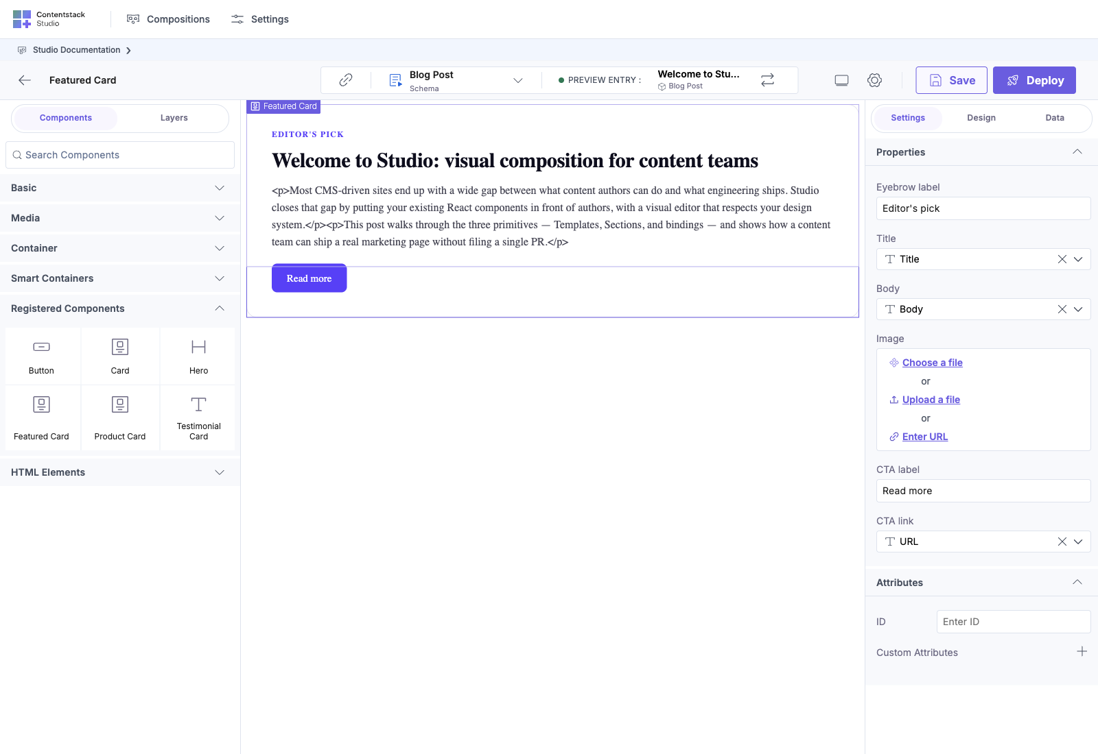 Authored featured_card section on canvas — Box wrapping Image, Heading, Text, and Button, all bound under template.* paths on the linked Global Field