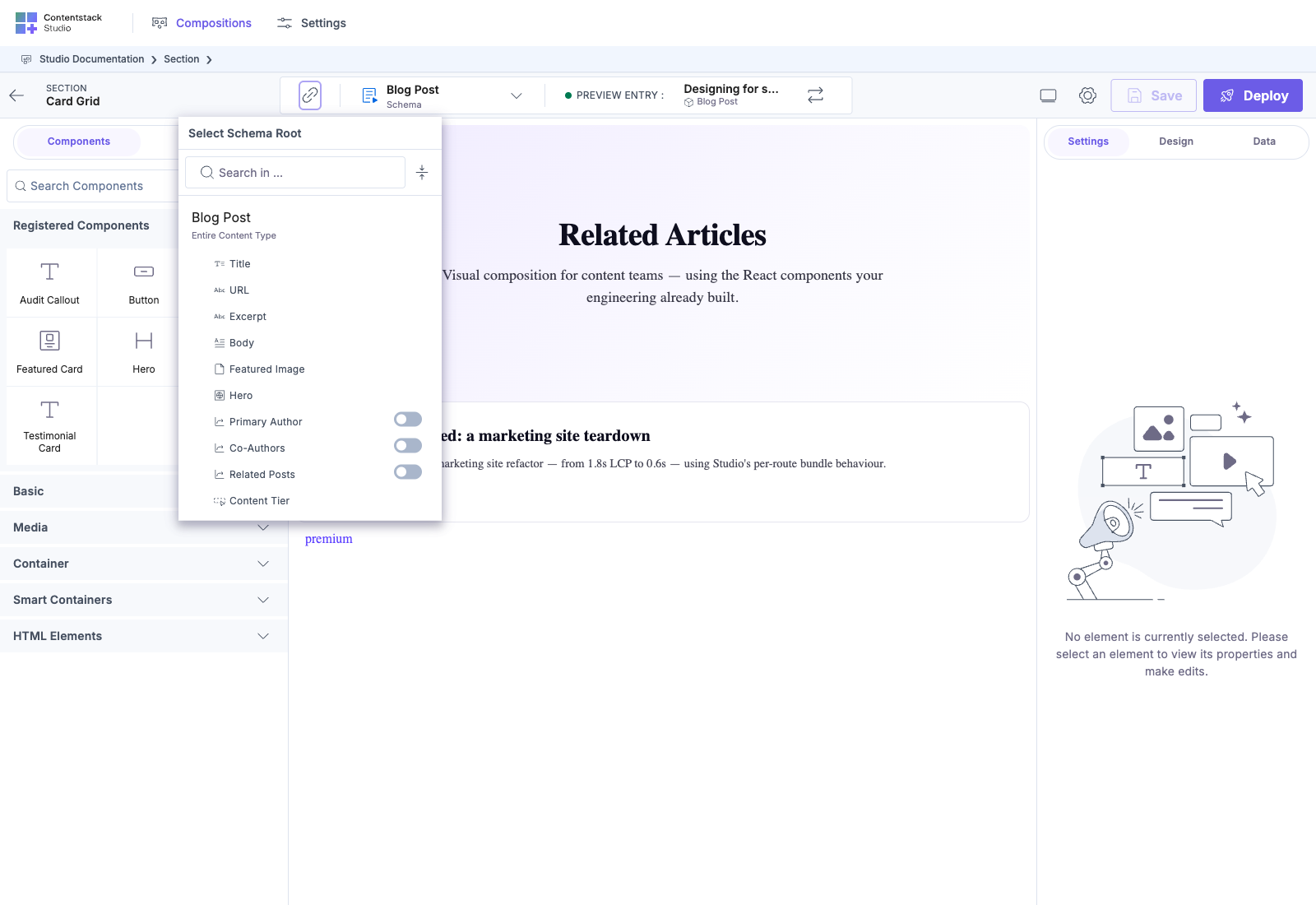 Select Schema Root picker open over the Blog Post field tree. A heading above the search bar names the choice, with Entire Content Type at the top of the tree and the content type’s fields listed below