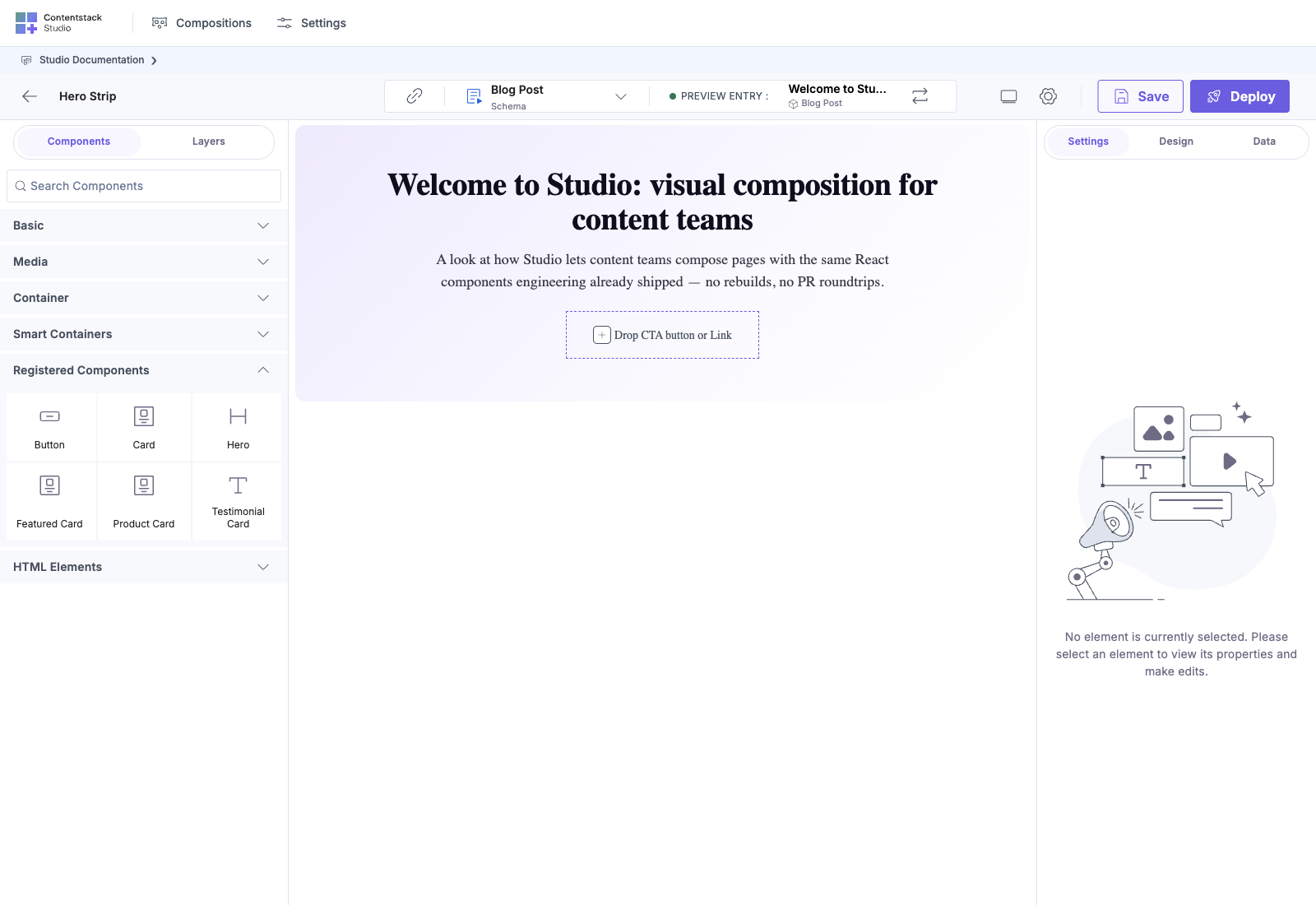 Hero Strip section authoring: canvas renders the Hero with headline + subhead from the linked entry, and a dashed “Drop a Button or Link here” placeholder inside the Hero where the Section Slot sits. Left palette shows Registered Components expanded with all 6 custom components.