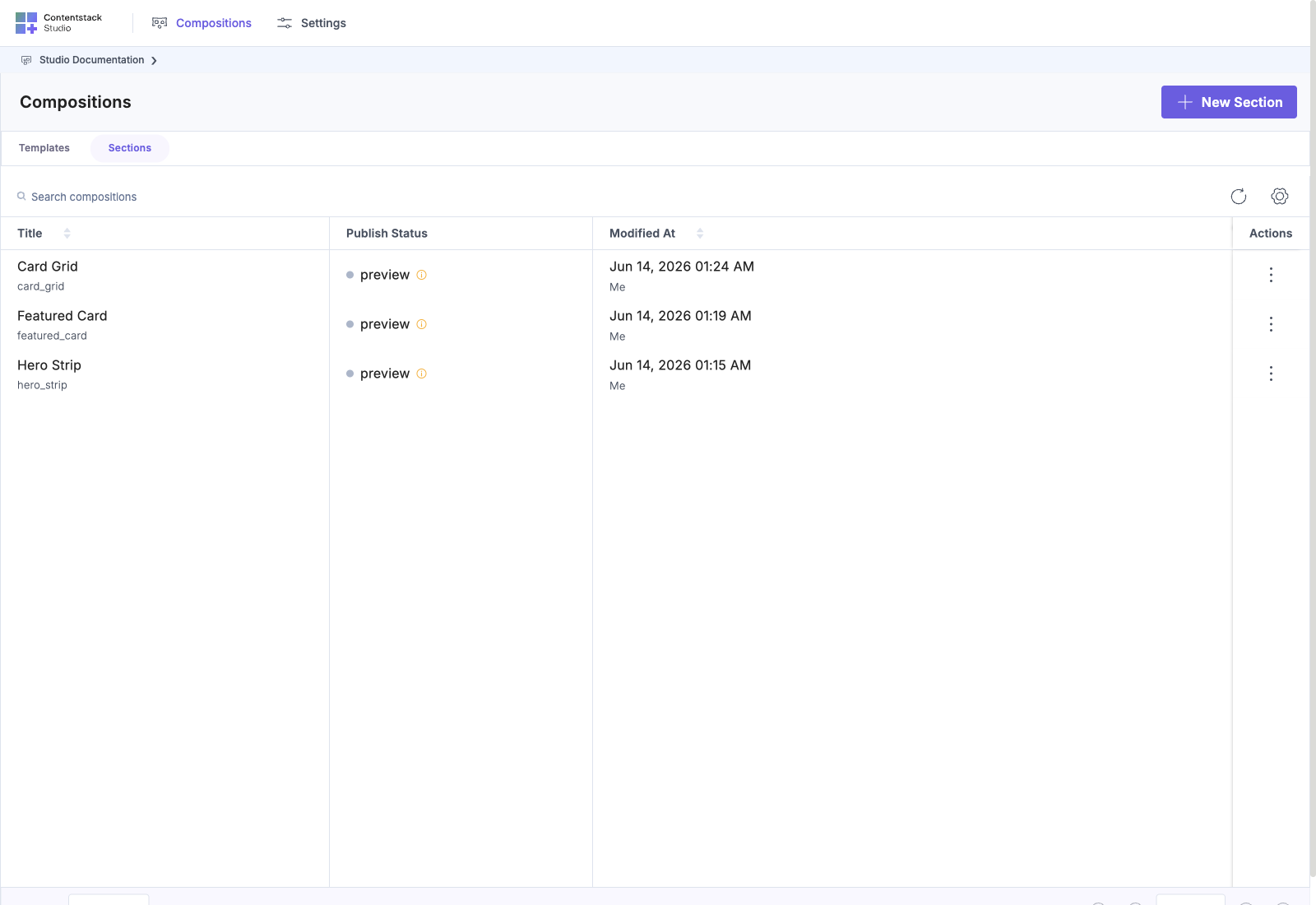 Sections list in a Studio project