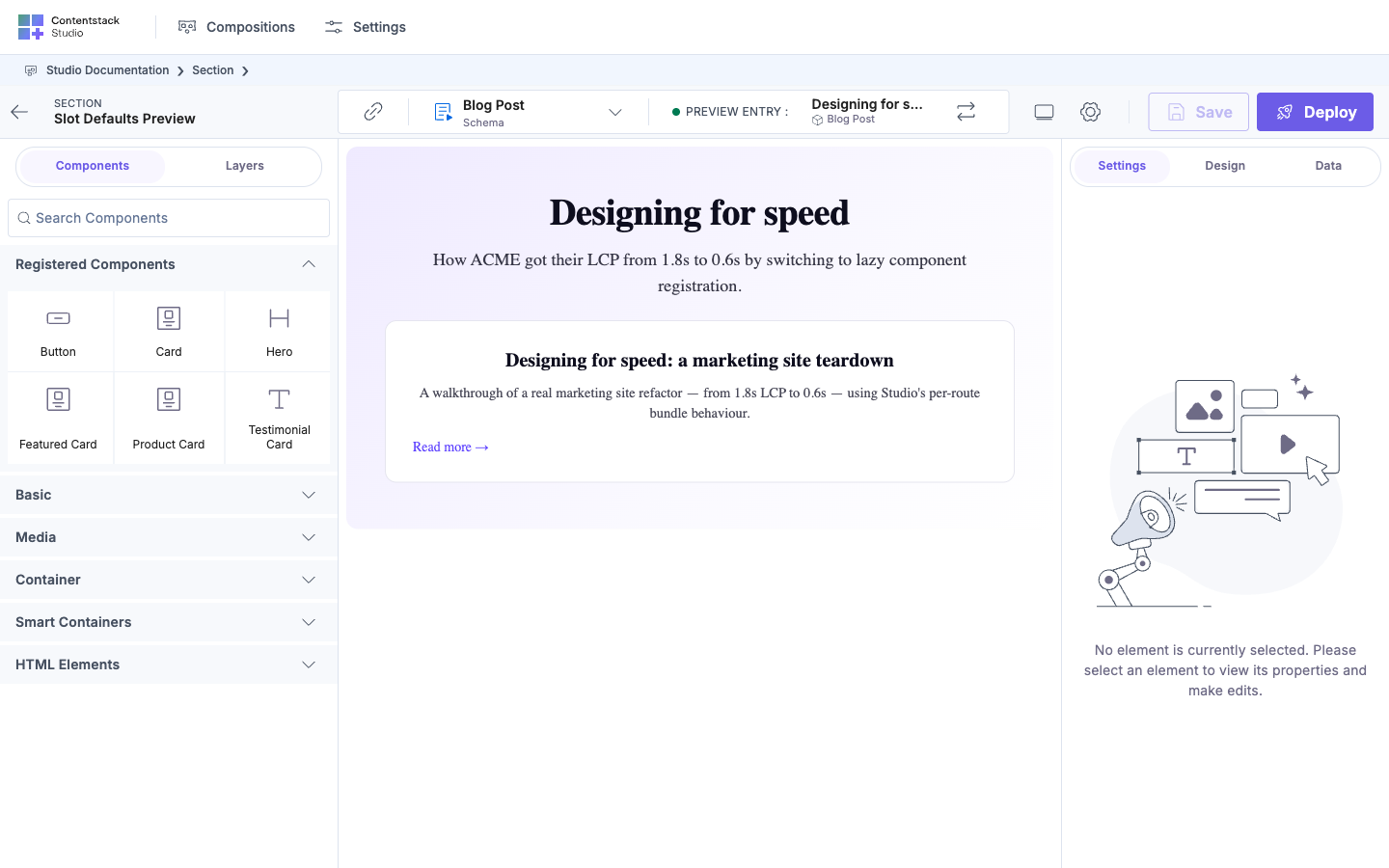 The same placement in preview mode: where the drop zone was, the slot now renders the Featured Card section, a card titled “Designing for speed: a marketing site teardown” with an excerpt and a “Read more” link.