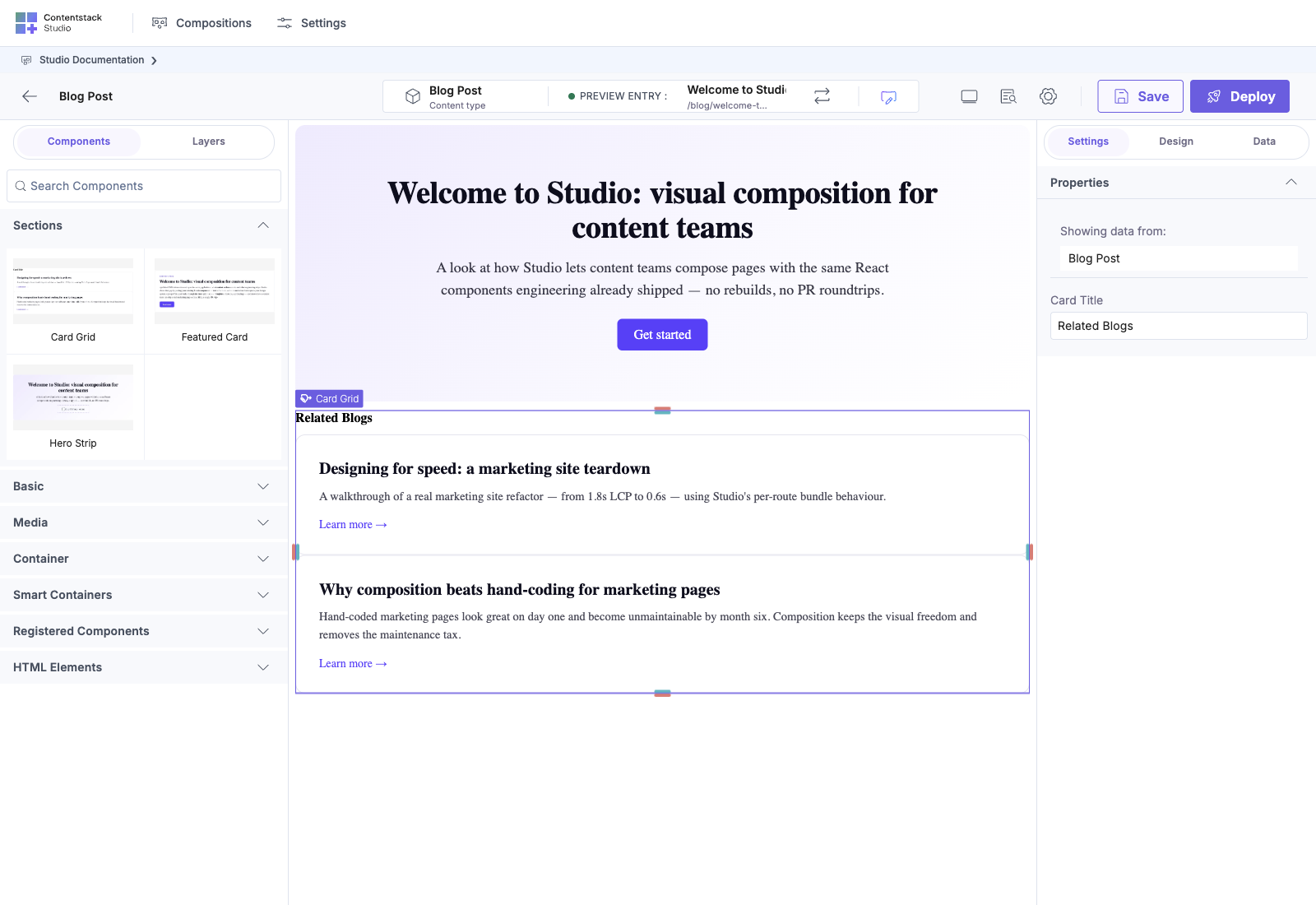 A deployed Blog Post template rendered on the visitor route, Hero with bound content, no Studio chrome