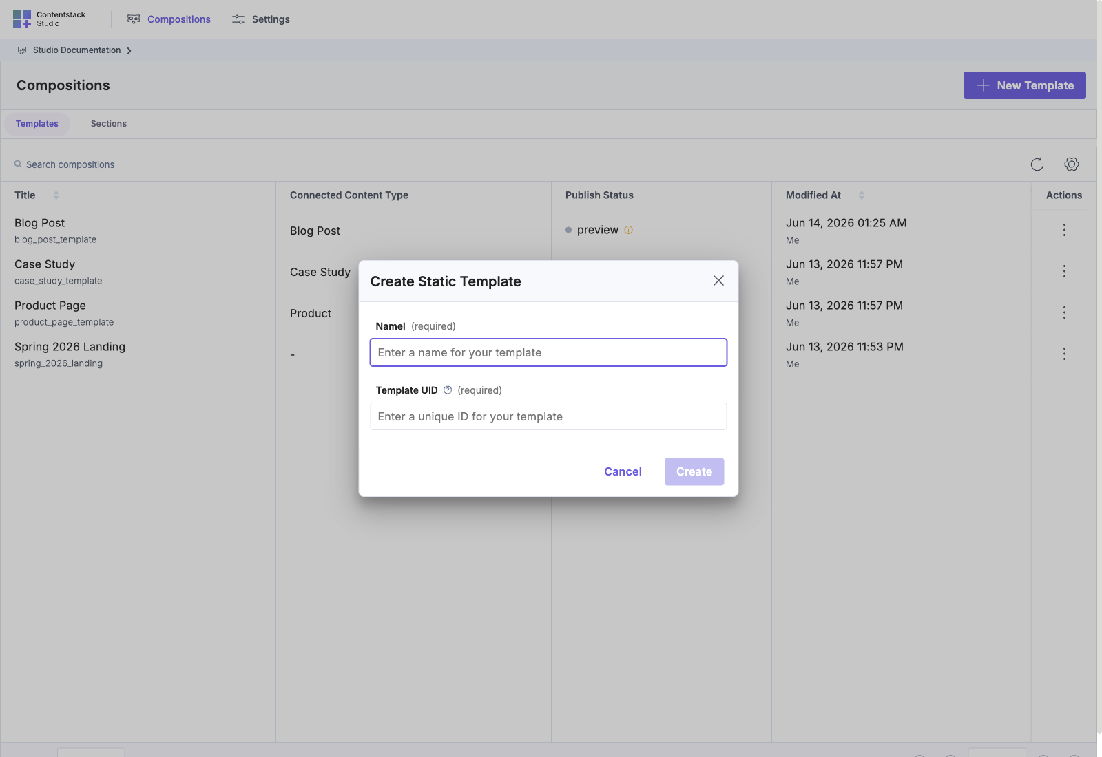 New Template modal showing the Freeform option labeled “Static Template” — the same composition is called “Freeform” on the canvas badge once created.