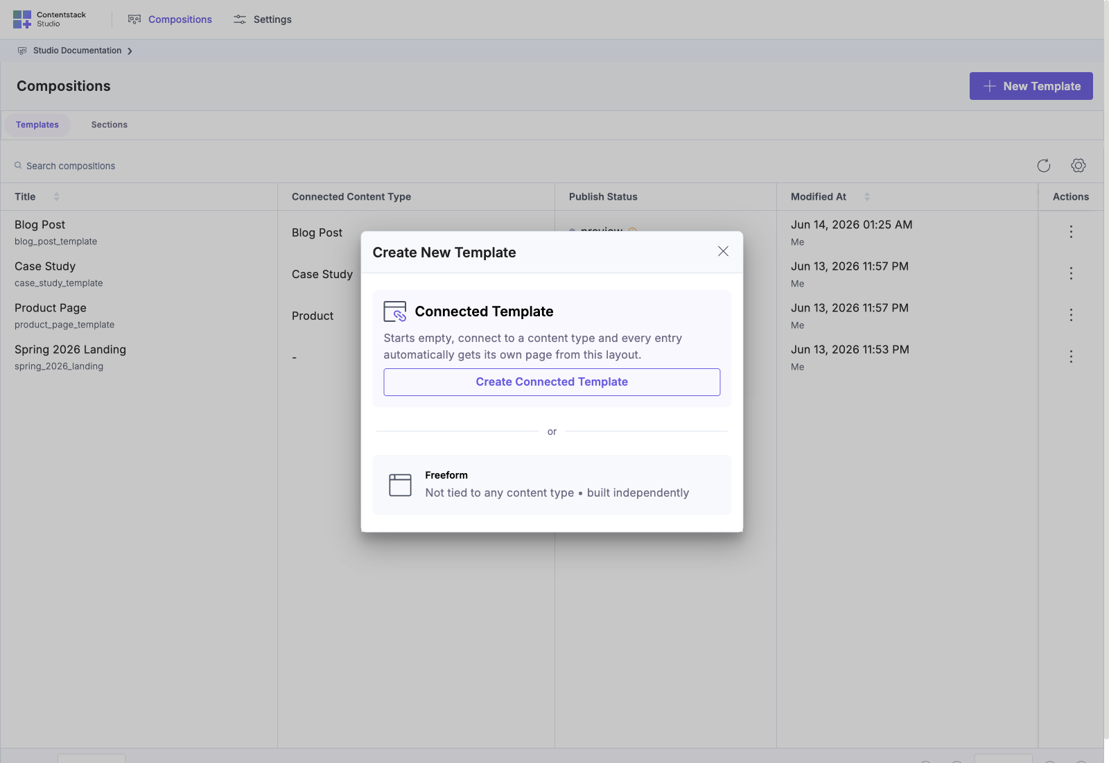 Create New Template modal showing both Connected Template and Freeform options after Freeform is enabled