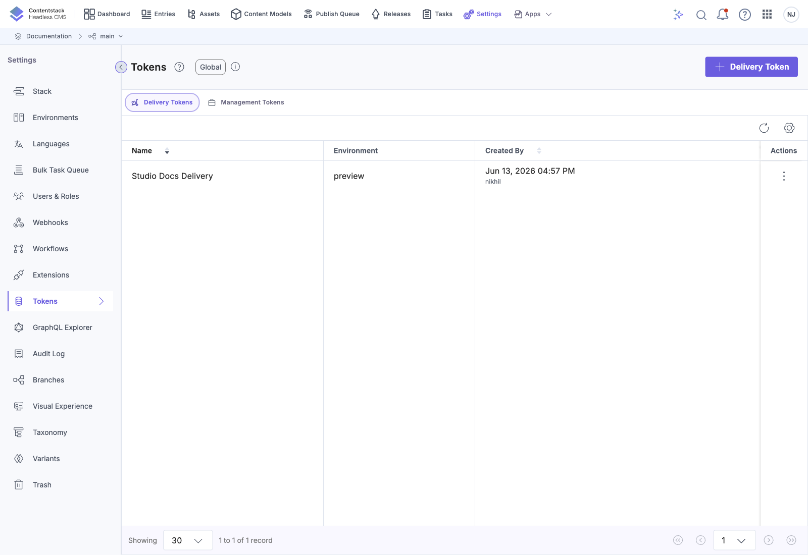 Tokens list with delivery tokens, each paired with a preview token