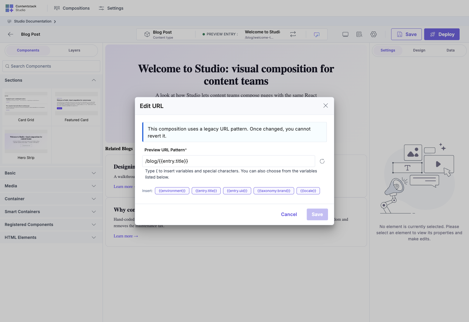 Edit URL modal for a template
