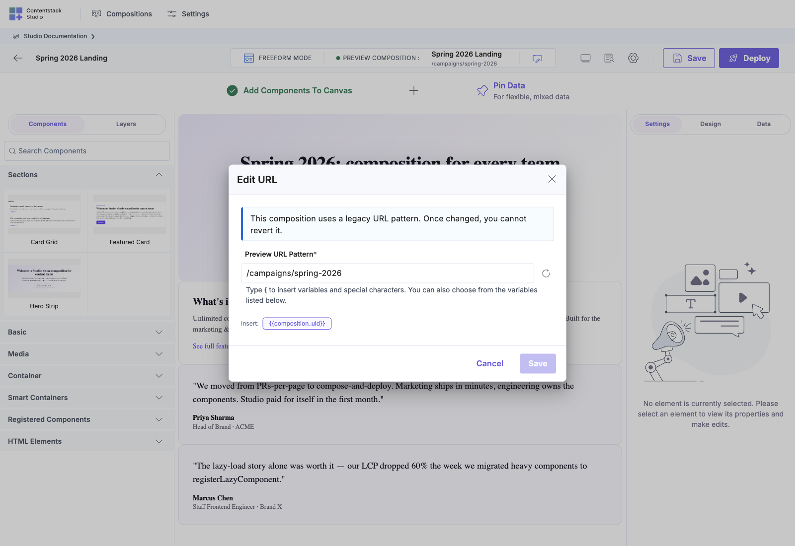 Edit URL modal for a Freeform Landing Page, pattern is /documentation_compositions/landing_page. The only Insert chip is {{composition_uid}} because Freeform has no linked entry to derive {{entry.*}} from