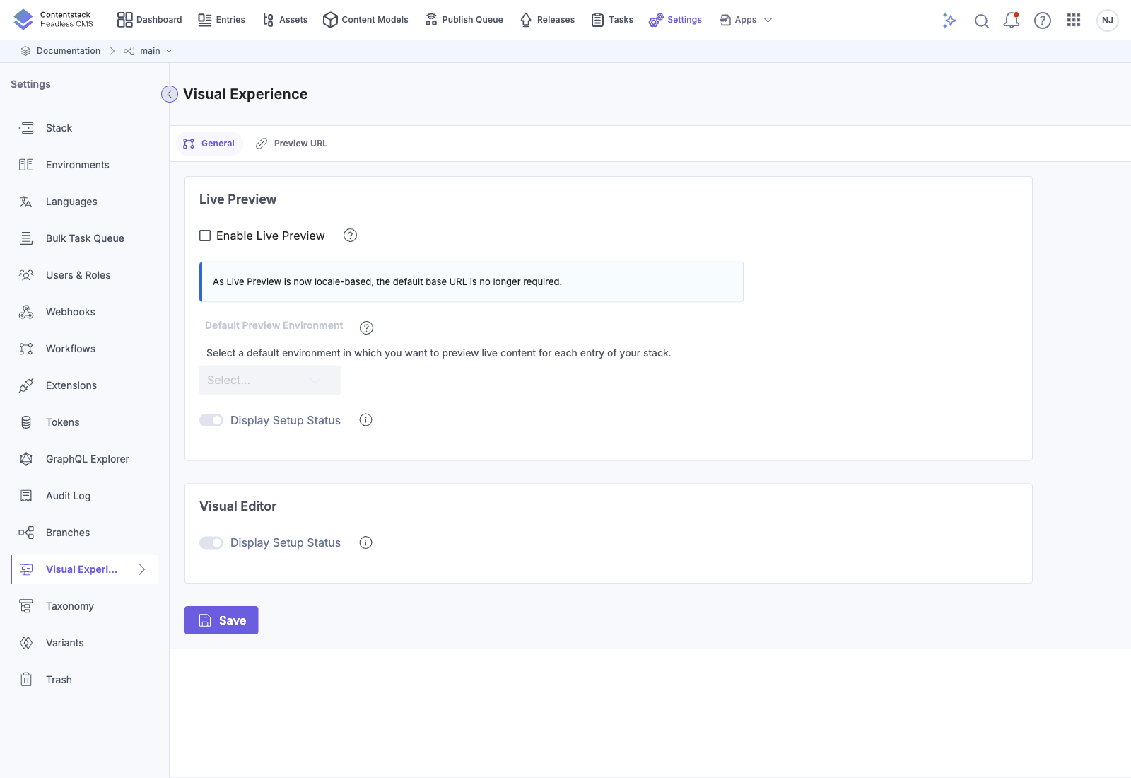 Visual Experience General settings with Live Preview and Visual Editor toggles